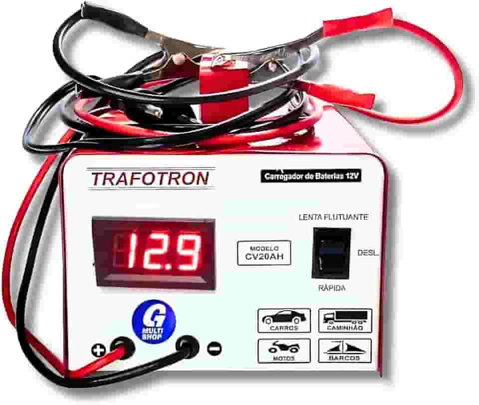 Carregador de Bateria Automotivo 12v 20ah Carro Moto Caminhao Onibus Flutuante Com Voltimetro Digital CV20