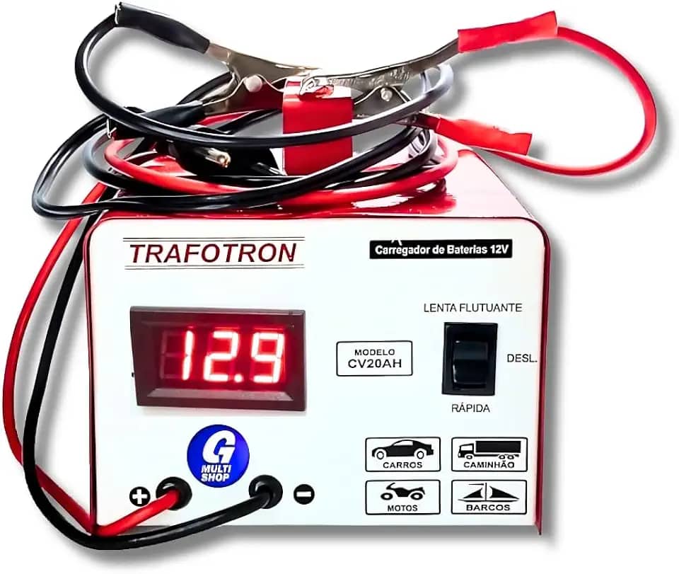 Carregador de Bateria Automotivo 12v 20ah Carro Moto Caminhao Onibus Flutuante Com Voltimetro Digital CV20