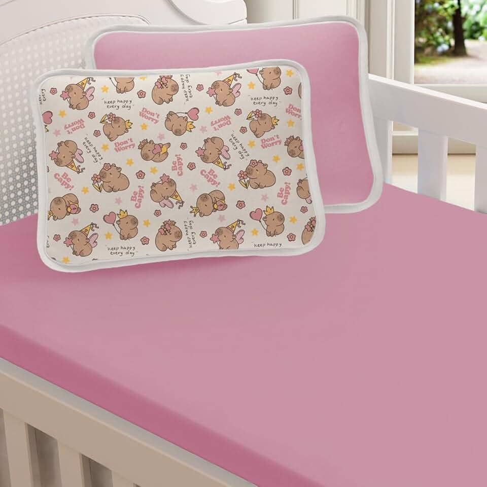 Jogo De Lençol Berço 2 Pçs Malha 100% Algodão Menino Menina 1,30x0,70 (Capivara Rosa)