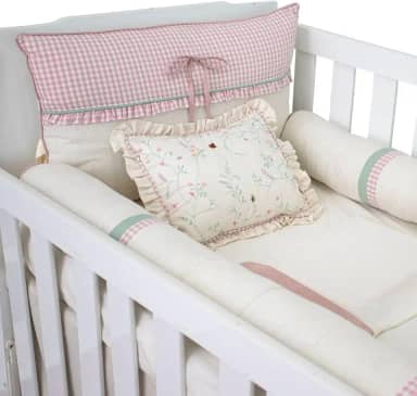 Enxoval Kit para Berço Americano em linho Bordado Joaninha Doce Encanto Jardim Xadrez rosê