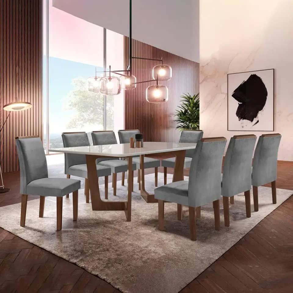 Conjunto Sala De Jantar Nápoles Tampo Vidro/mdf com 8 Cadeiras Luísa Smart Plus Cel Móveis Chocolate/off White/cinza