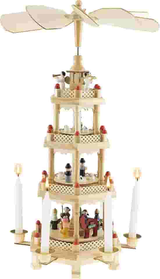 Clever Creations Carrossel de quatro camadas de madeira tradicional de 40,6 cm, decoração festiva de Natal para prateleiras e mesas