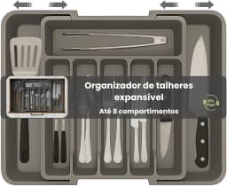 Porta Talheres Expansível, Organizador Grande Para Gaveta Ajustável, Cor Cinza Polipropileno, 8 Divisórias, Design Moderno Multiuso Ideal para Cozinha.