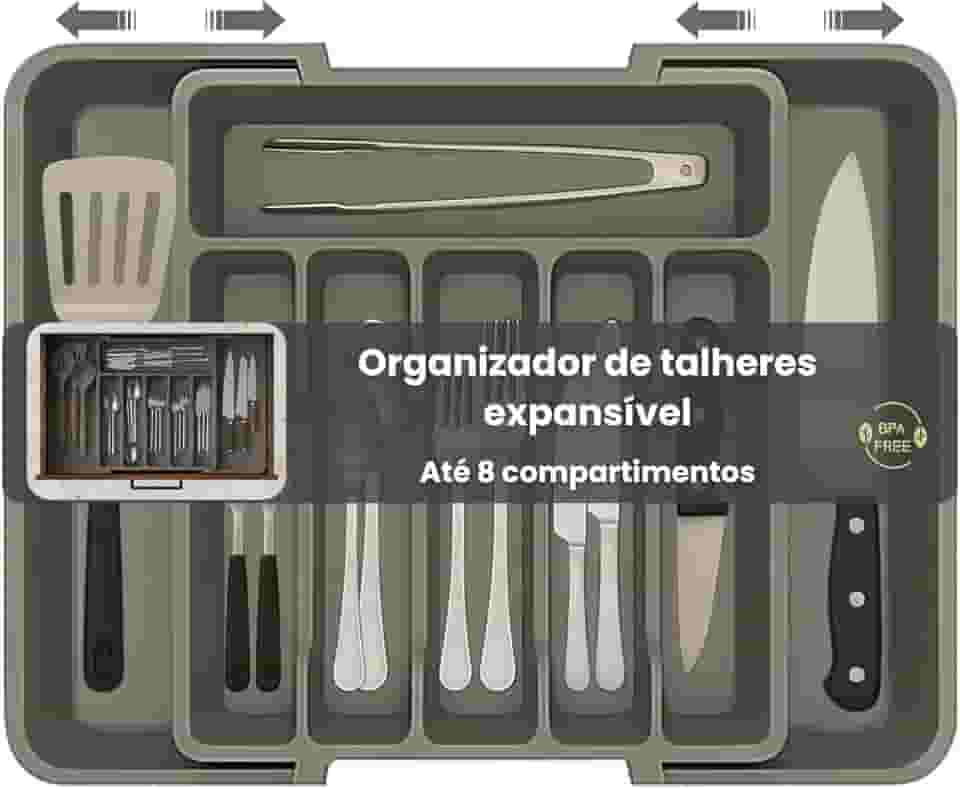 Porta Talheres Expansível, Organizador Grande Para Gaveta Ajustável, Cor Cinza Polipropileno, 8 Divisórias, Design Moderno Multiuso Ideal para Cozinha.