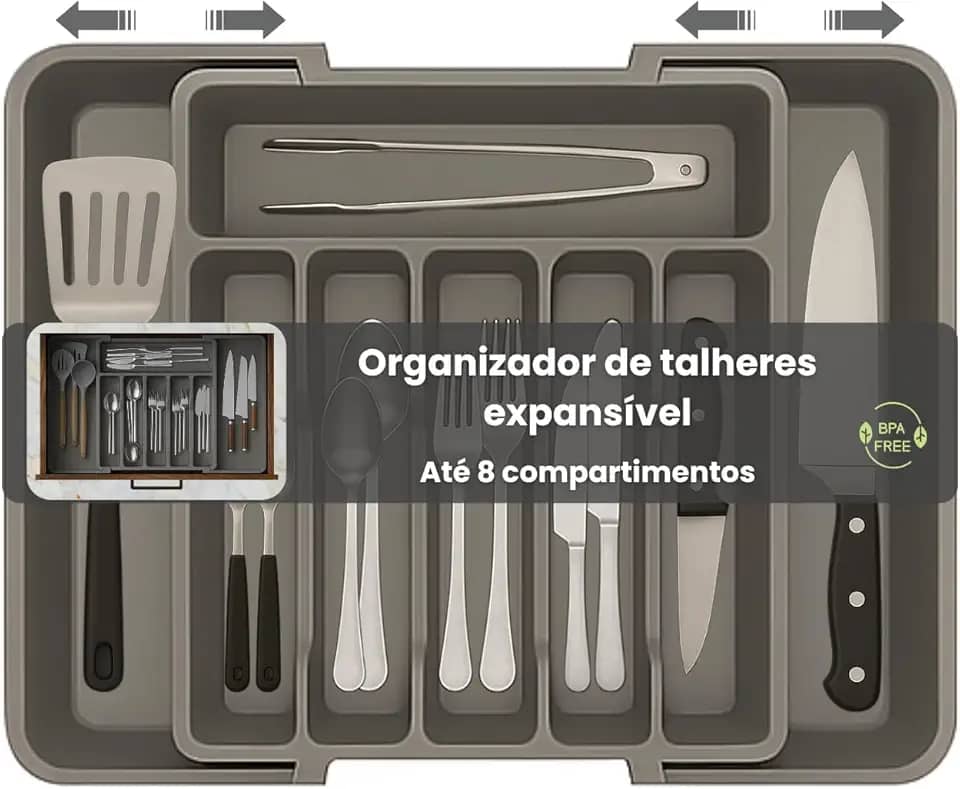 Porta Talheres Expansível, Organizador Grande Para Gaveta Ajustável, Cor Cinza Polipropileno, 8 Divisórias, Design Moderno Multiuso Ideal para Cozinha.