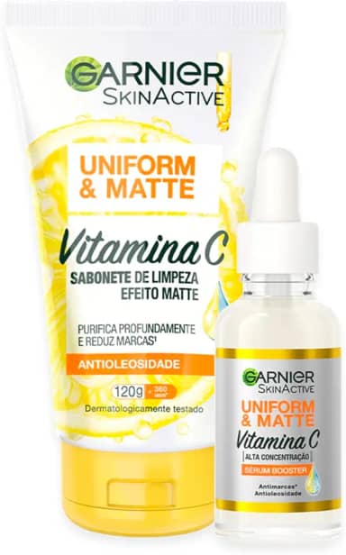 Garnier Uniform & Matte, Kit Skincare Creme de Limpeza Facial Vitamina C 120g e Sérum Booster Antimarcas 15ml, Efeito Peeling, Reduz Marcas e Oleosidade, Pele Uniforme e Hidratada