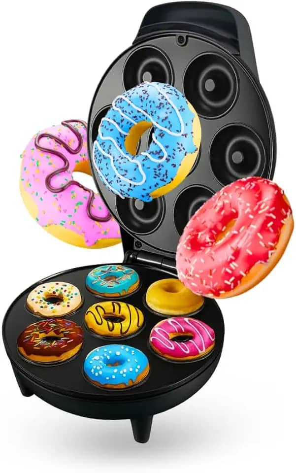 Máquina de Donuts Elétrica – Prepara 7 Mini Donuts com Revestimento Antiaderente – Compacta, Rápida e Fácil de Usar – Ideal para Lanches e Sobremesas Criativas