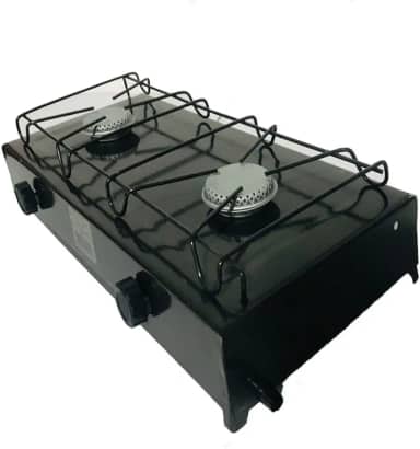 Fogão Portátil 2 Bocas a Gás, Preto, Estilo Camping, Metal, com Grade Protetora