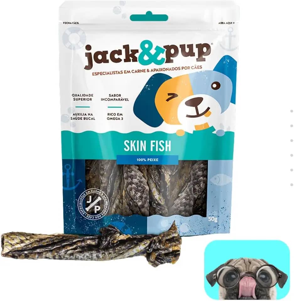 Petisco Skin Fish 50g Escama de Peixe Petisco Para Cachorro Cães 100% Natural Saboroso Crocante Rico em Ômega 3 Jack e Pup