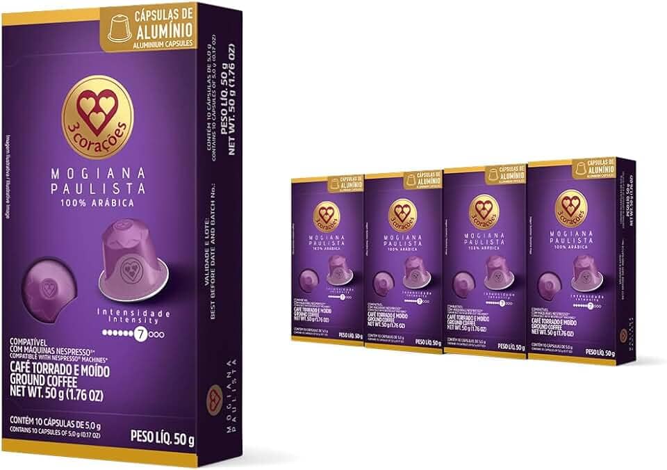 3 Corações Pack Cápsula de Café Espresso Mogiana Paulista, Compatíveis com Nespresso, contém 40 un.