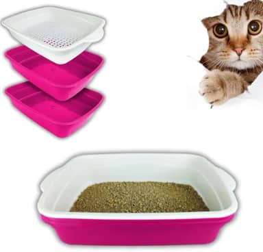 Banheira Gato Furba Grande Com Peneira Caixa de Areia Gatos Banheiro Inteligente 3 Peças + COLEIRINHA LINDA p/seu Pet (ROSA)