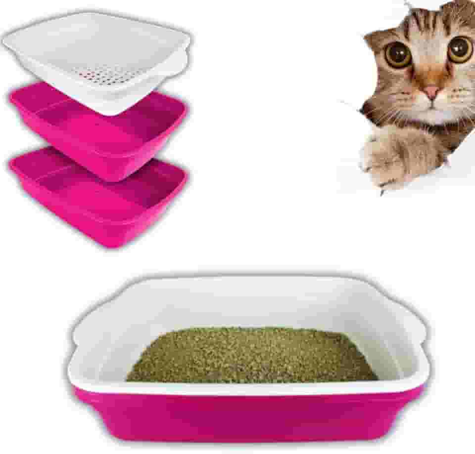 Banheira Gato Furba Grande Com Peneira Caixa de Areia Gatos Banheiro Inteligente 3 Peças + COLEIRINHA LINDA p/seu Pet (ROSA)