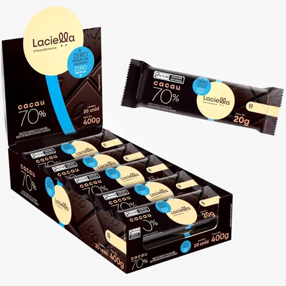 20 Tabletes de Chocolate Amargo 70% Cacau 20g Zero Adição de Açúçar e Zero Lactose Doce Saudável Fitness Dieta Low Sugar