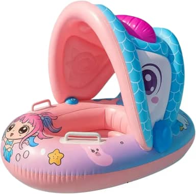Boia Infantil Piscina Bebê Inflável com Assento Pezinho e Cobertura de Proteção para Crianças 6 Meses à 3 Anos Praia Verão