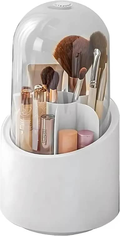 Porta Pincel Giratório Com Tampa em Acrílico, com 7 Divisórias - Maquiagem e Organização (Com Tampa Branco/Rosa)