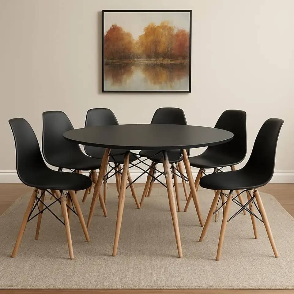 Conjunto de Mesa de Jantar Eames Eiffel Redonda 120cm Tampo de Madeira com 6 Cadeiras Eiffel Charles Eames (Preto)