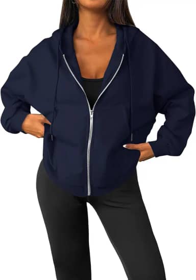 Moletom feminino de manga comprida com zíper e bolsos