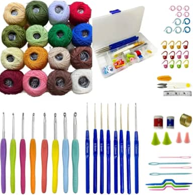 Kit Crochê Completo 16 Agulhas 12 Linhas de Algodão Colorida