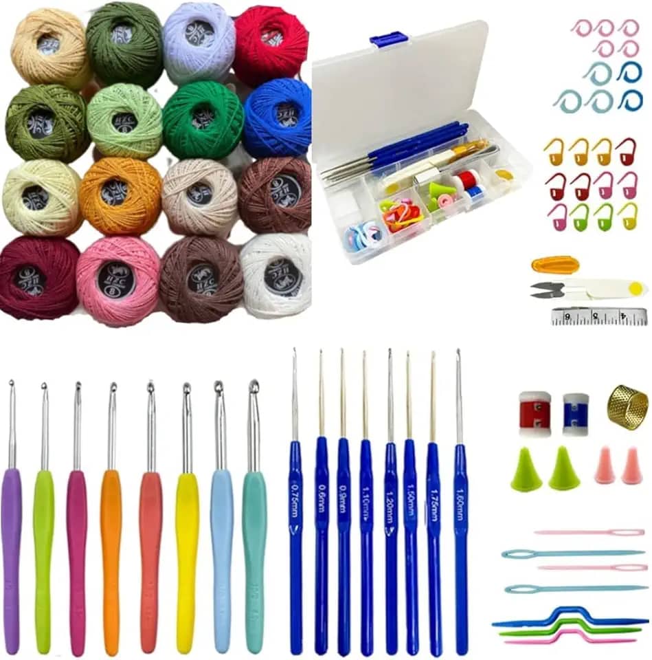 Kit Crochê Completo 16 Agulhas 12 Linhas de Algodão Colorida