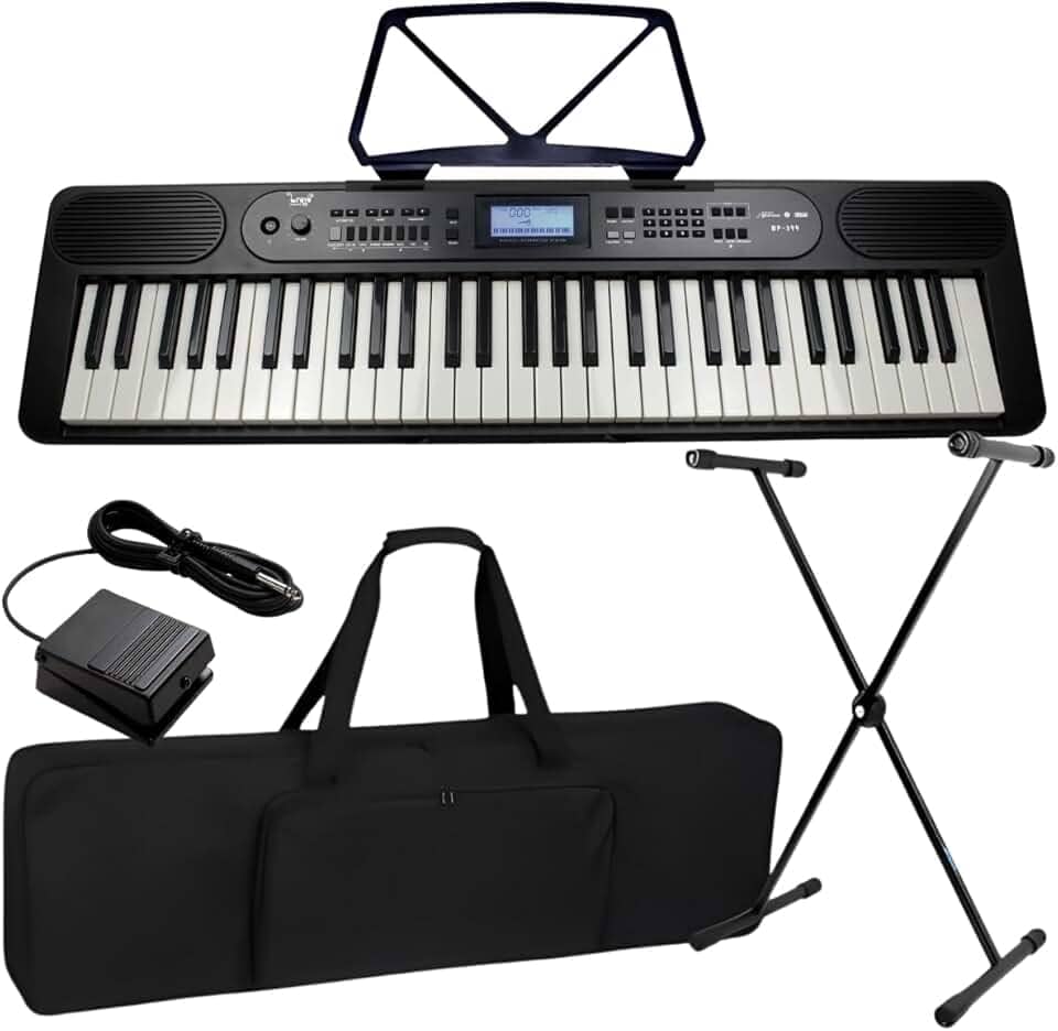 Kit Teclado Musical Bravo Bp399 61 Teclas Sensitivas Bluetooth + Capa Suporte Pedal (BK - Black)