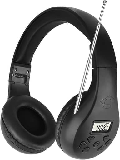 ZHIWHIS Rádio portátil FM, fone de ouvido estéreo com LCD, dobrável, receptor de conferência de bolso, fones de ouvido pequenos sem fio/com fio operados por 2 pilhas AA para caminhar/correr ZWS-600