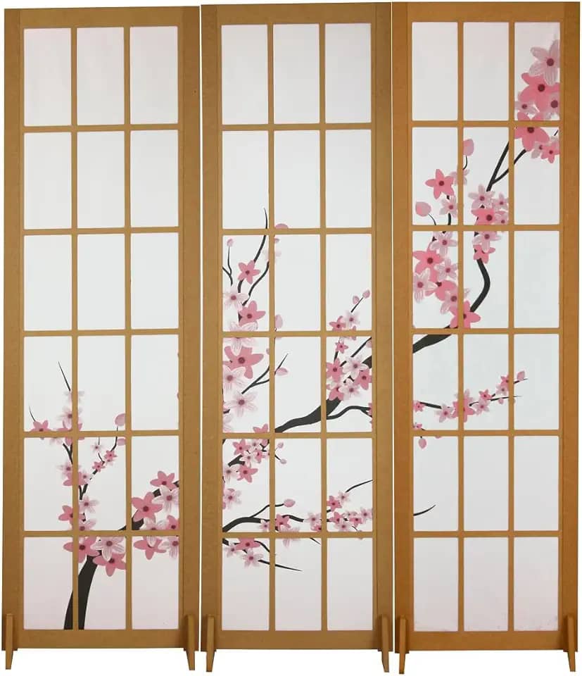 Biombo Divisoria MDF Oriental Japonês Divisor Ambiente Cerejeira Reto (3 Folhas)