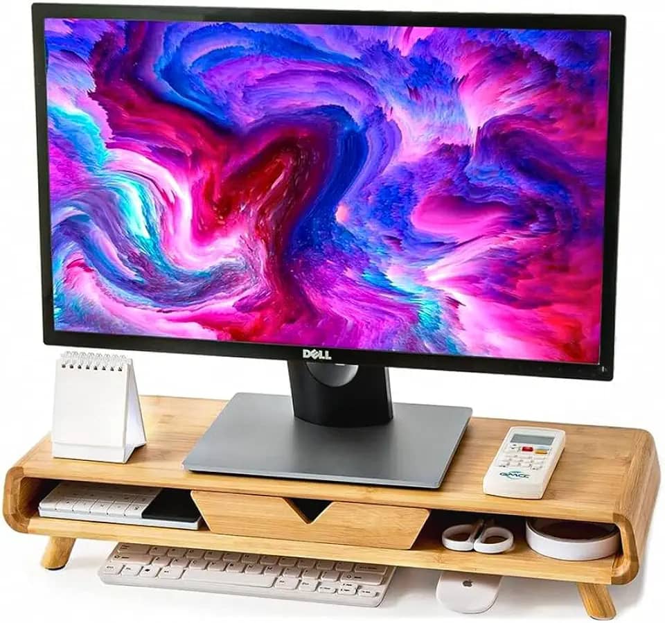 Suporte Base de Bambu p/ Monitor, Mesinha de Apoio p/ Melhorar Postura Organizador Acessórios, Heimon (Natural)