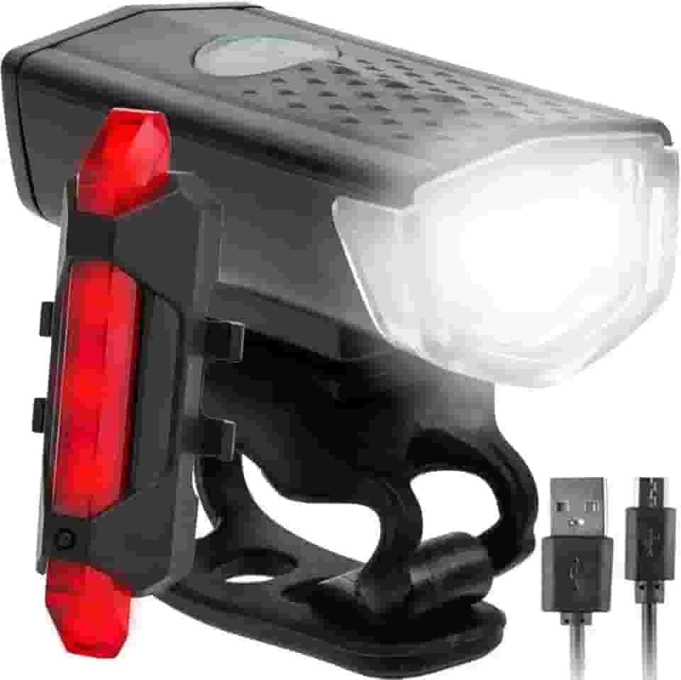 Kit de luzes de bicicleta recarregável, conjunto de farol e lanterna traseira, impermeável, vários modos de luz (2 cabos USB incluídos)