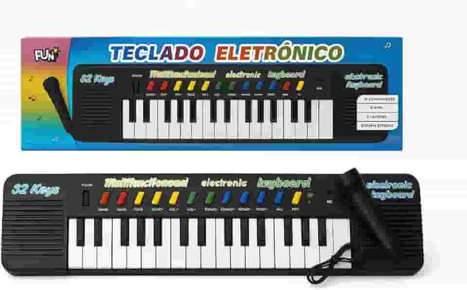 Piano Teclado Musical Infantil Microfone Karaoke 32 teclas Brinquedo Educativo preto