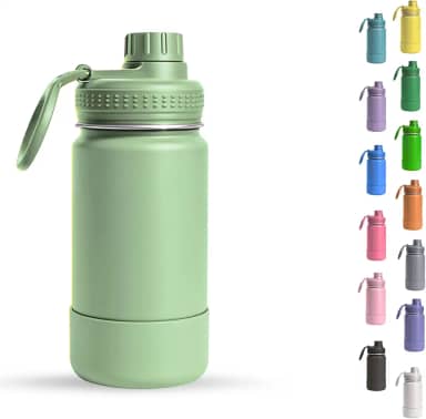 Garrafa Térmica Infantil - 350ml, Aço Inox 304 Parede Dupla de Isolamento 24horas Gelado, Tampa Rosca De Segurança, Anti Vazamento, Base Silicone AntiDerrapante, BPA Free (Verde Leve)