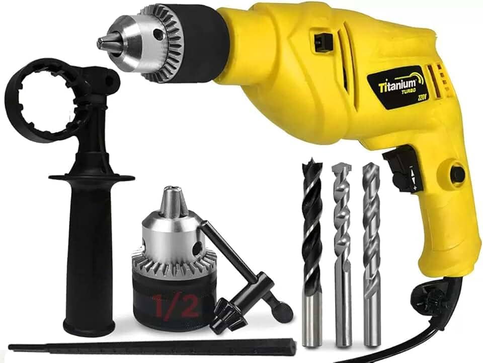 FURADEIRA PROFISSIONAL DE IMPACTO ALVENARIA TURBO 500W KIT COM 3 BROCAS TITANIUM
