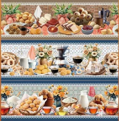 Tecido Tricoline Digital Barrado Pão de Queijo 55cm x 150cm Fernando Maluhy 10 faixas