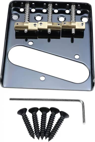 OVSAL Ponte de guitarra fixa vintage com placa de base de aço de 3 selas compensada de latão 10,8 mm compatível com peças de reposição para guitarra elétrica estilo Telecaster Tele vintage, preta