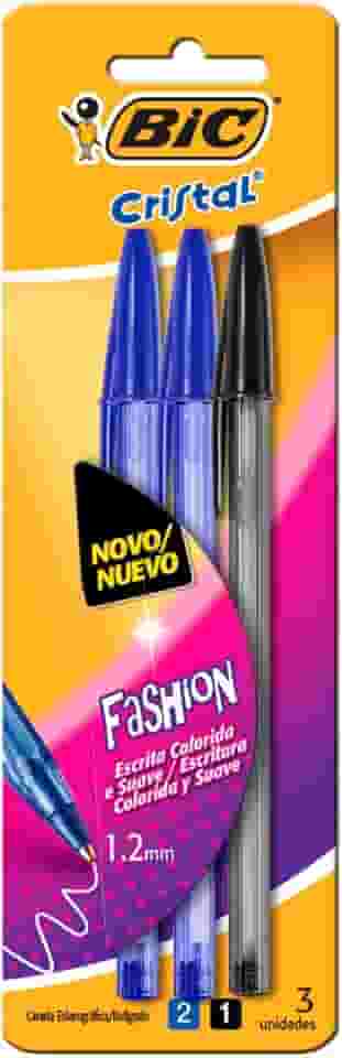 Caneta Esferográfica BIC Cristal Fashion com 2 Azul e 1 Preta, Ponta Média de 1,2mm, Escrita Macia, 878655