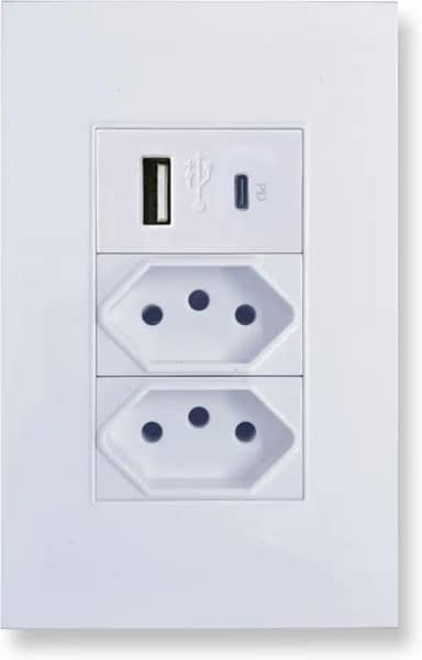 Tomada Dual com 1 Entrada USB e 1 Entrada USB Tipo C Bivolt Jwcom (Branco)