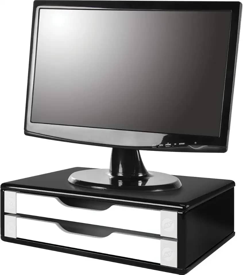 Souza & Cia, Suporte de Monitor 2 Gavetas, Mdf Black Piano C/Gaveta Branca - (Ref: 3348)