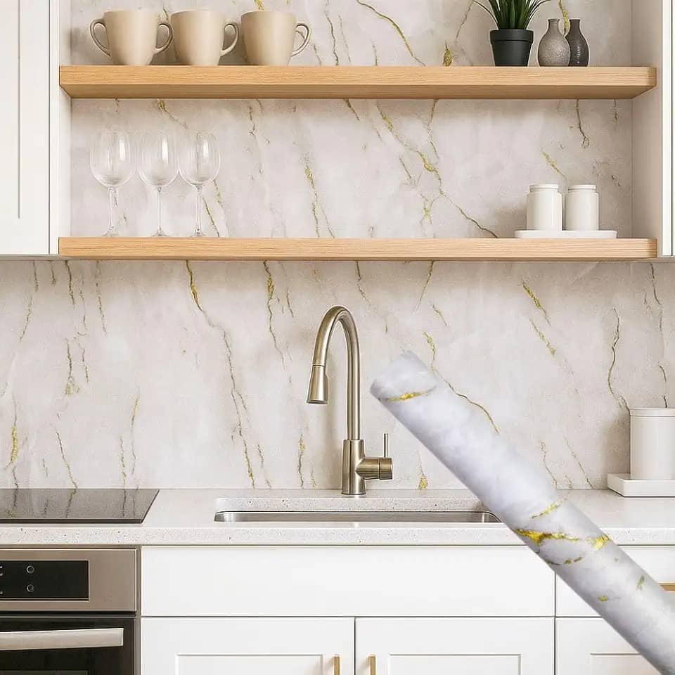 Papel de Parede Premium Mármore Texturizado 5 metros = 1 Rolo de 5m X 45cm Autoadesivo Sala, Cozinha, Banheiro