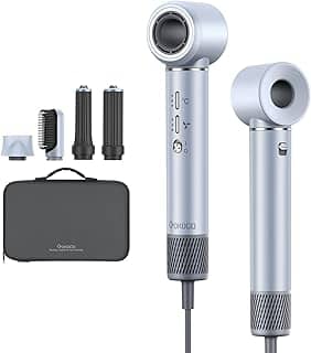GOKOCO Secador de Cabelo 5 em 1 Conjunto, Escova Secadora 1400W Alta Velocidade 110000 Rpm, Kit Modelador Liso e Cacheado com Bocal Magnético Compatível com 110v e 127v, Prata