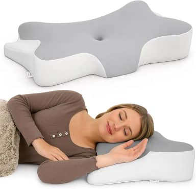 Lyvero Almofada cervical borboleta para alívio da dor no pescoço, travesseiro ergonômico de espuma viscoelástica para dormir, travesseiro ortopédico de contorno para dormindo lateral, costas e