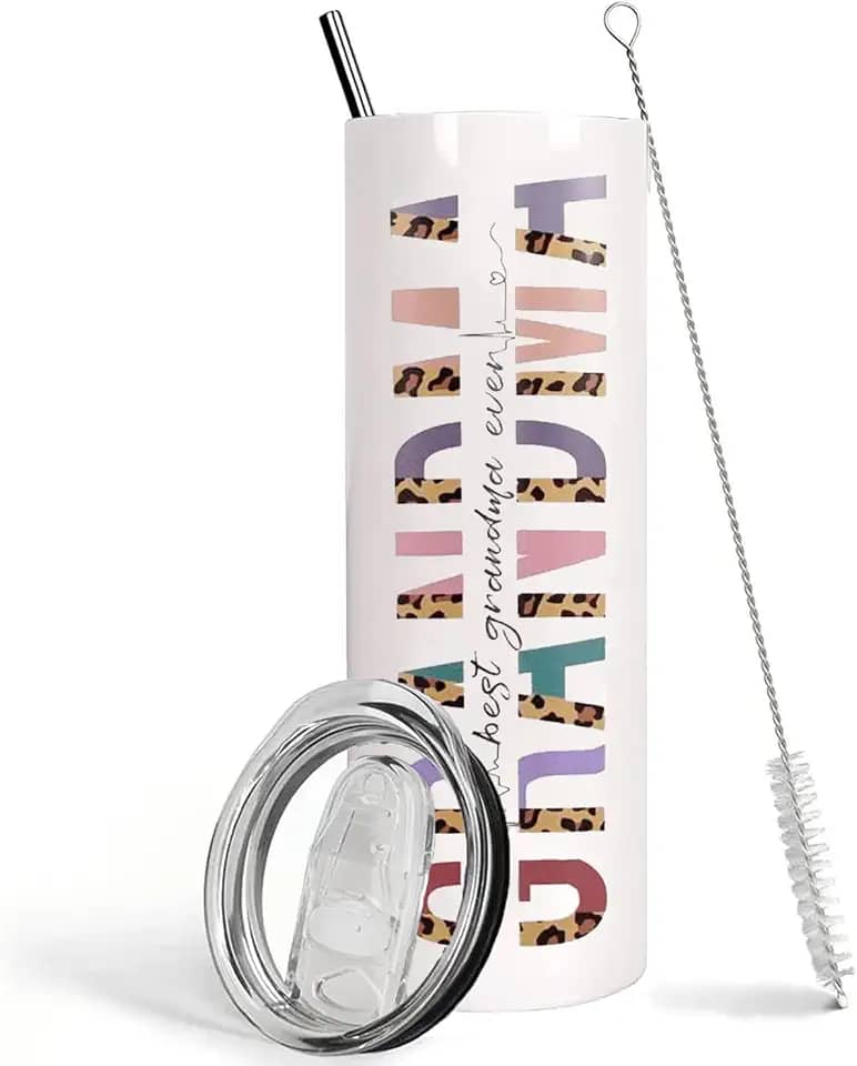 Ceovfoi Copo para avó com tampa e canudo, Best Grandma Ever, copo isolado de aço inoxidável de 590 ml, caneca de café To My Grandma, presente de aniversário/dia das mães/Natal para a avó