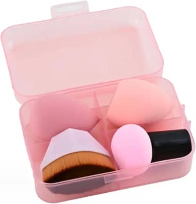 Kit Pincéis e Esponjas para Maquiagem Profissional com Estojo – 1 Pincel Kabuki Hexagonal, 1 Esponja Cogumelo, 2 Esponjas Gota 3D – Aplicação de Base, Corretivo, Contorno, Pó, Blush e Iluminador