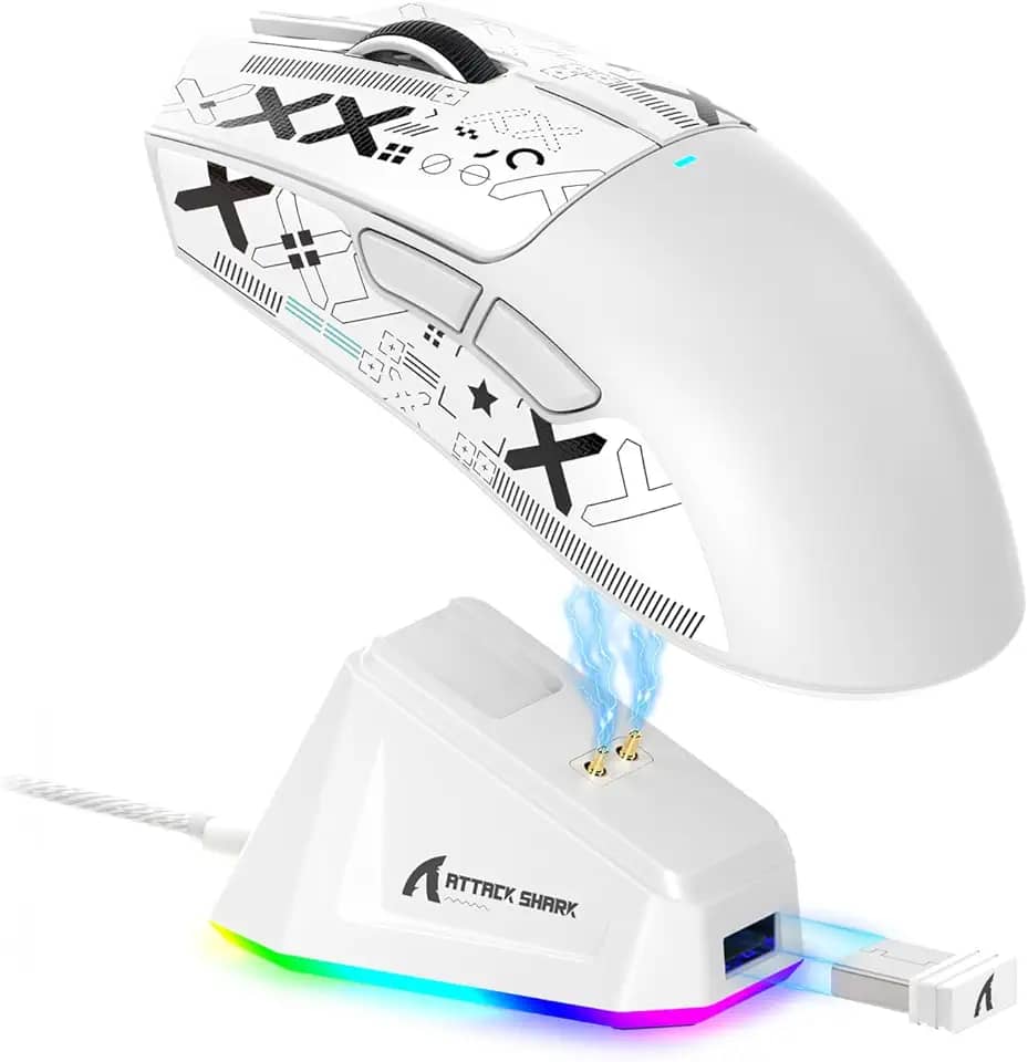 ATTACK SHARK X11 Mouse sem fio leve, 62g, RGB, conexão tri-modo (2.4G/USB-C/BT), 22K DPI, sensor PAW3311, 5 botões programáveis, base de carregamento RGB, compatível com PC/Mac-Branco+Tape