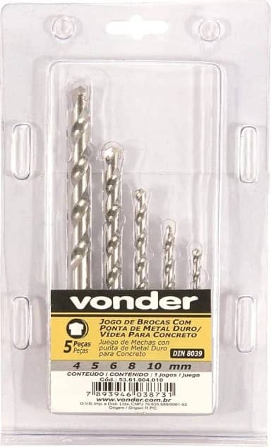 Vonder, Jogo De Brocas Para Concreto, Com Ponta De Metal Duro, 4 Mm A 10 Mm, Com 5 Peças.