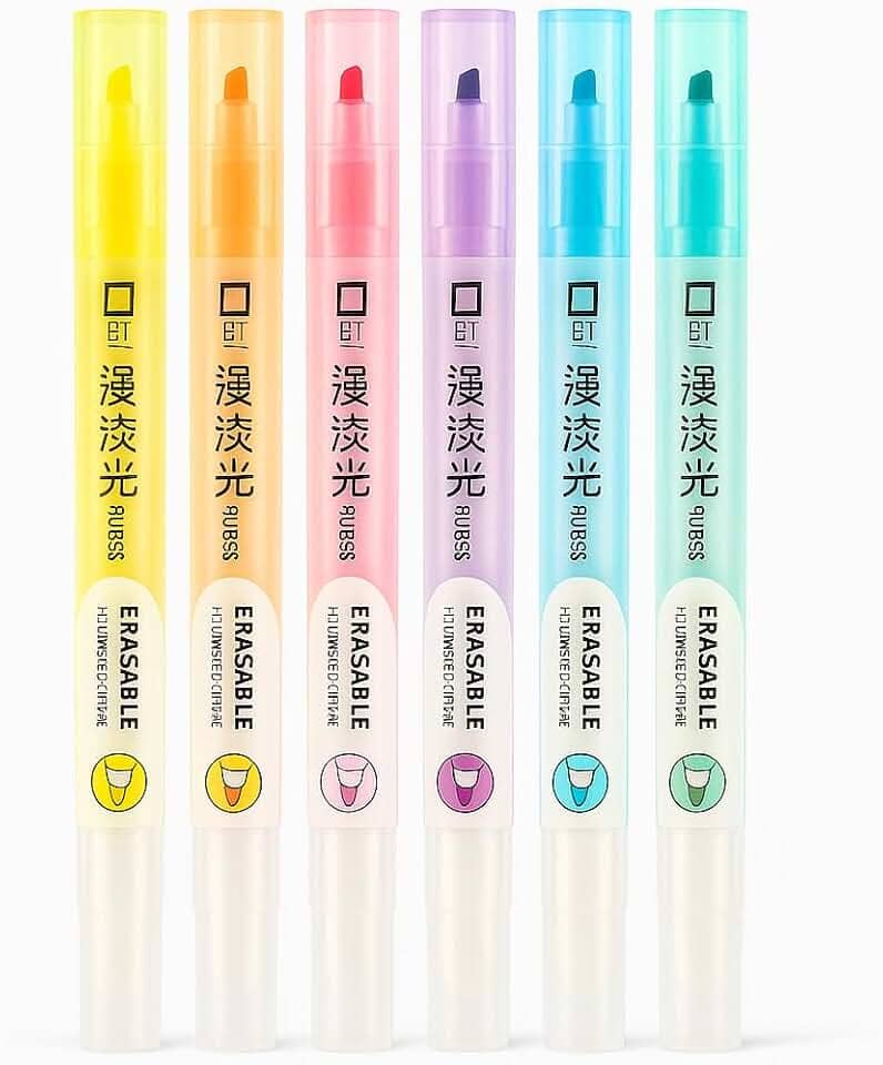 Kit Marca Texto Caneta Apagável com Ponta Dupla 6 Cores Pastel – Canetinha Marcador Mágico Suave para Estudo, Planner e Escritório