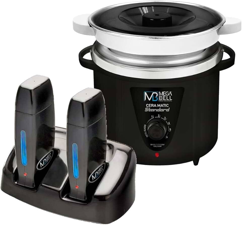 Termocera Panela Depilação 900g c/Refil + Base Dupla c/ 2 Rollon Preto Mega Bell