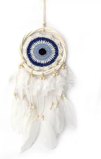 Genérico - Filtro dos Sonhos Olho Grego Redondo - Enfeite de Parede e Teto - Amuletos - Azul - Rústico - Pena Natural - Dia das Mães