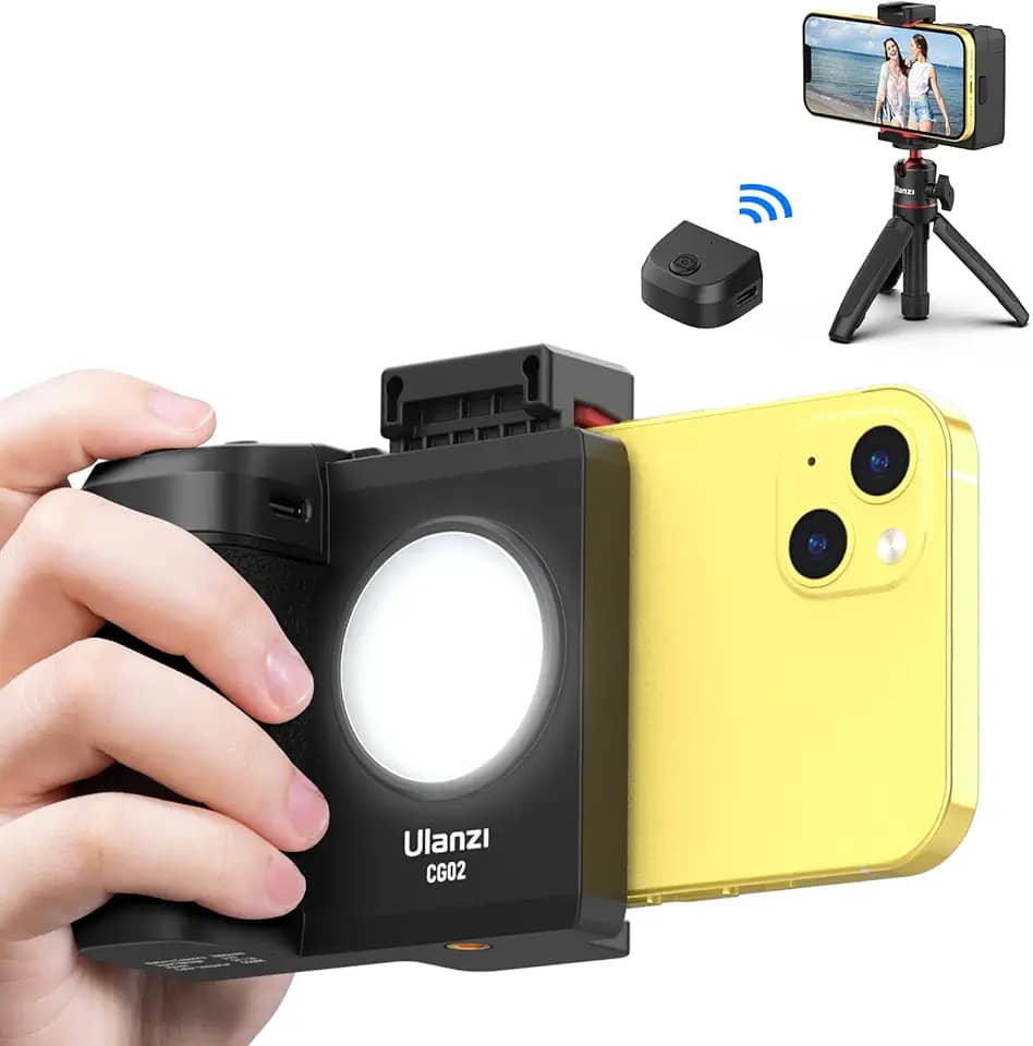 ULANZI CG02 Punho da Alça do Obturador da Câmera do Smartphone sem Graduação com Controle Remoto Sem Fio Bluetooth Destacável, Luz de Preenchimento de Três Engrenagens Ajustável para iPhone Samsung