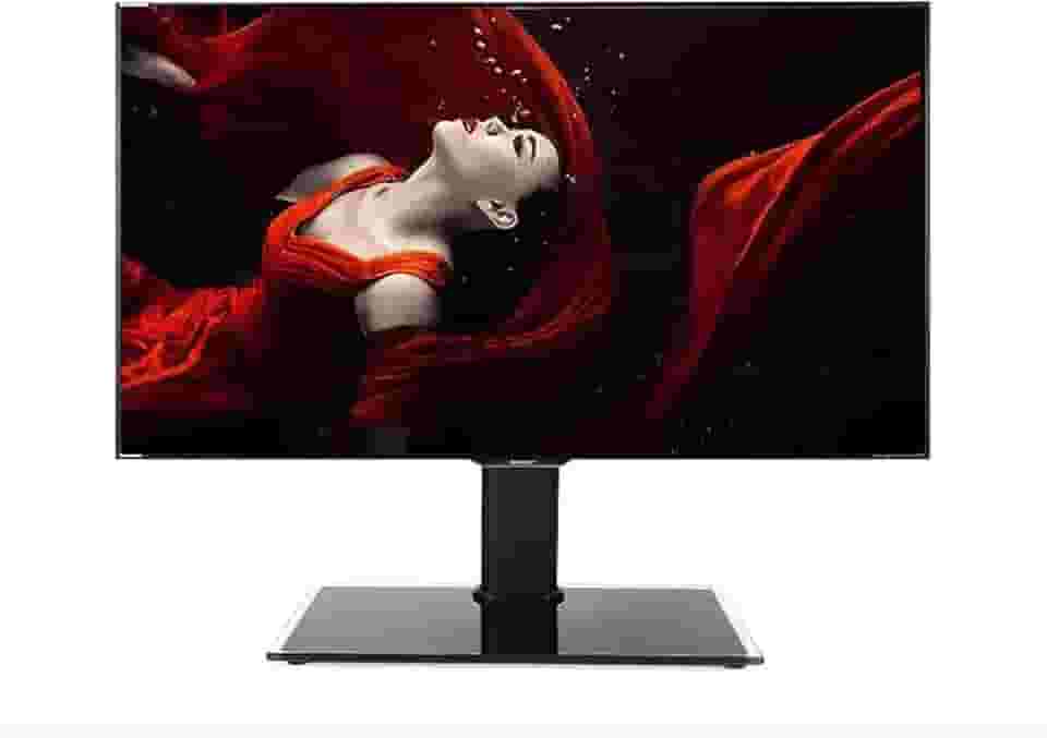 ININOSNP Suporte para TV de mesa com base de vidro temperado de 8 mm de espessura e design de proteção múltipla, adequado para televisores finas de 26 a 32 polegadas