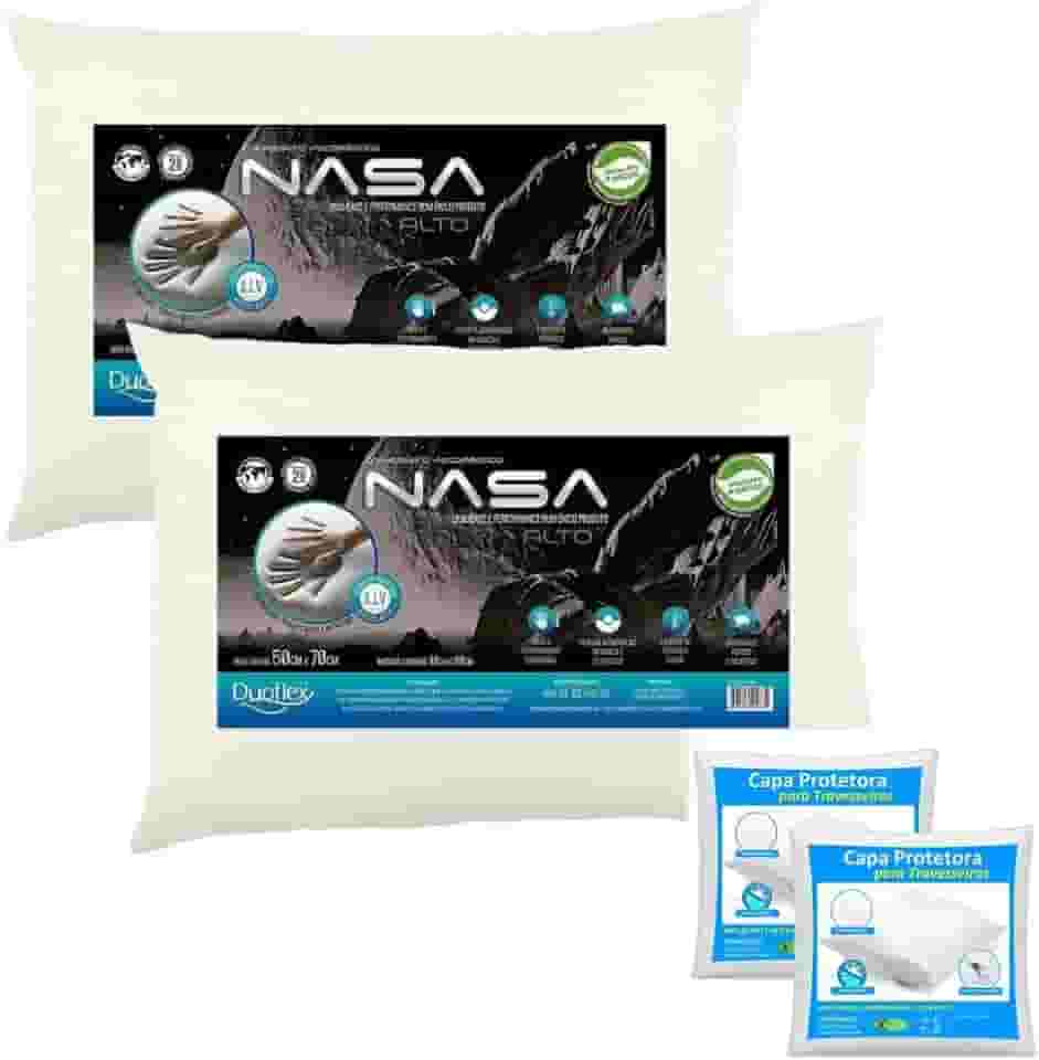 Kit 2 Travesseiros Nasa-X Alto Original Antialérgico Antiácaro Viscoelástico Confortável Duoflex + 2 Capas Protetoras Impermeável