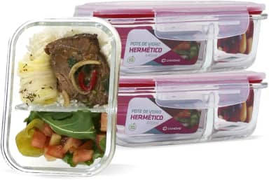 Kit 3 Pote de Vidro Retangular com Divisória e Tampa Hermética 640ml - Vermelho